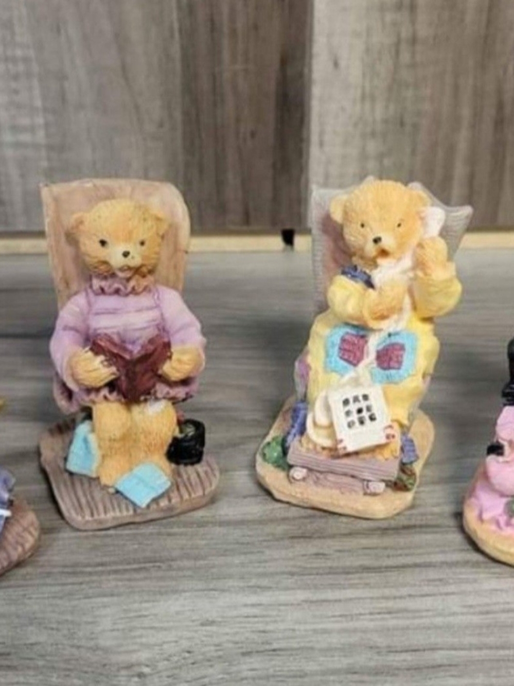 Set of Four Pastel Teddy Bear Figurines - Pink & Yellow